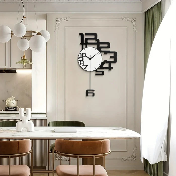 Modern wall clock with bold black numbers in a stylish dining room setting