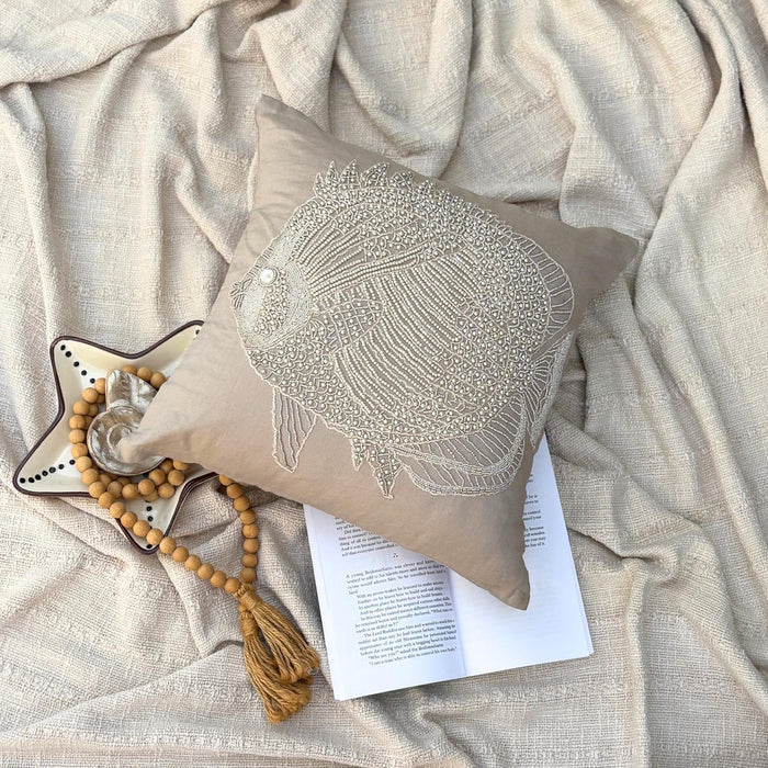 Mocha Cotton Linen Throw Pillow Cover - Butterfly Fish