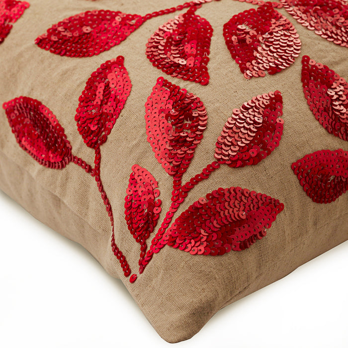 Mocha Cotton Linen Throw Pillow Cover - Fall Red Leaves