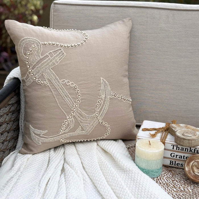 Mocha Cotton Linen Throw Pillow Cover - Pearl Anchor