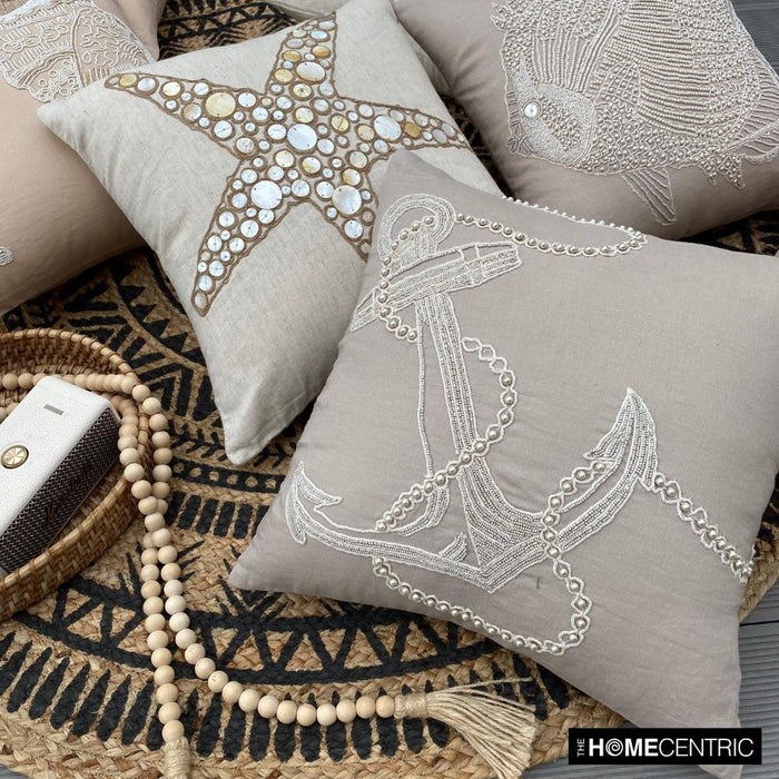 Mocha Cotton Linen Throw Pillow Cover - Pearl Anchor