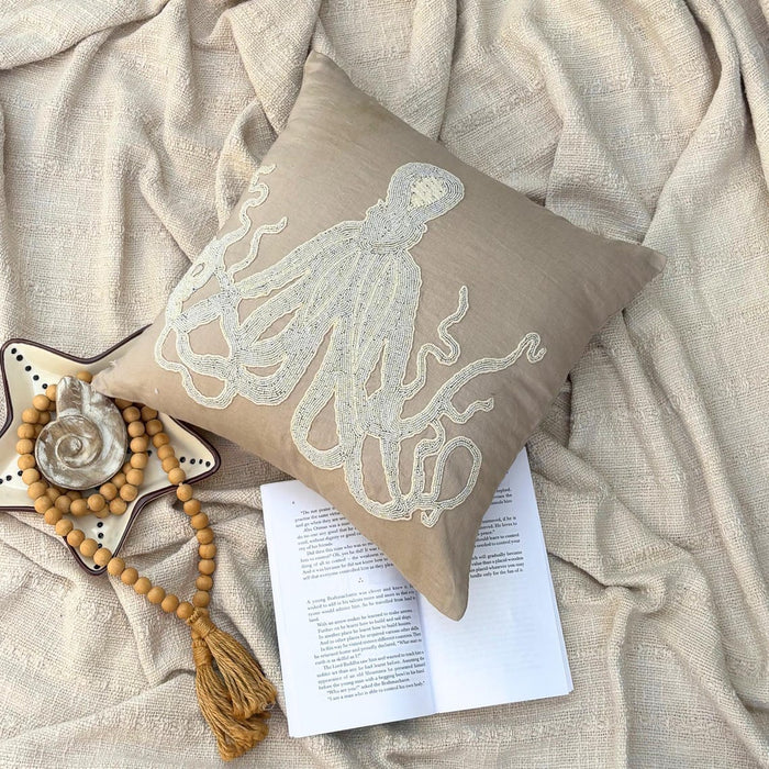 Mocha Cotton Linen Throw Pillow Cover - Sea Squid