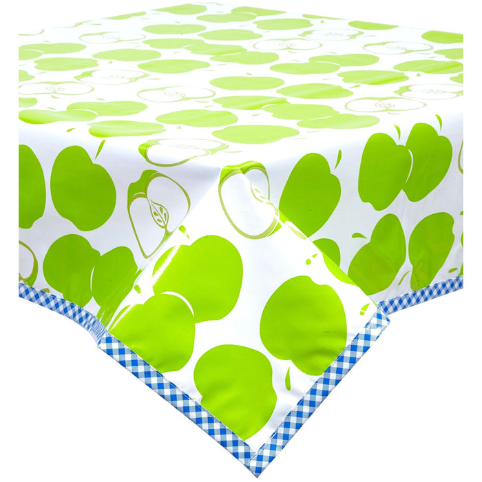freckled sage mod apple lime green oilcloth tablecloth with blue gingham trim
