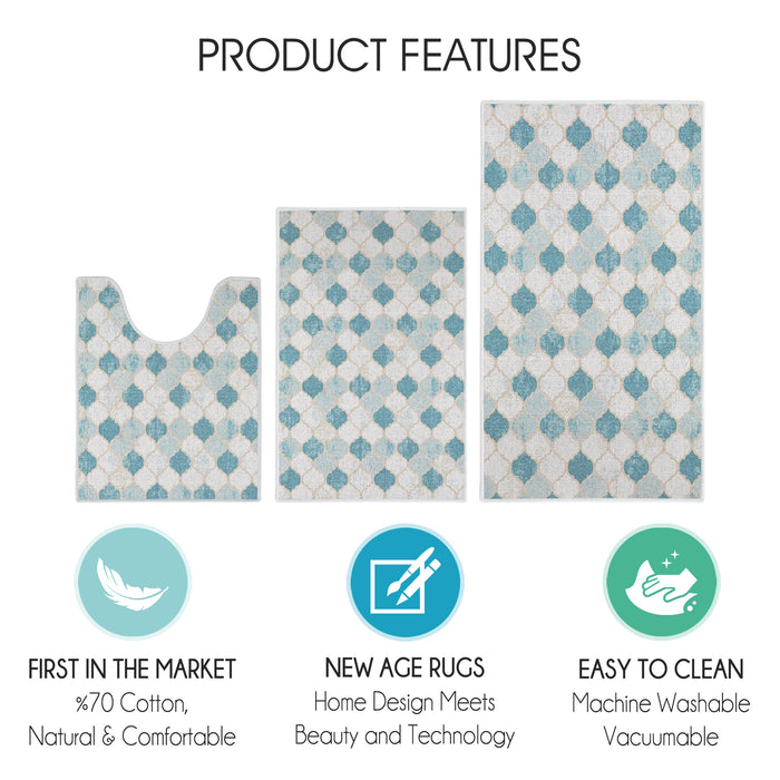 Moroccan Design 3 Piece Bathroom Rugs Set |Beige&Blue