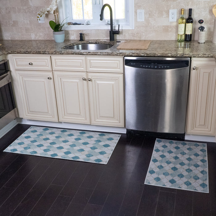 Moroccan Design Non Skid Washable Kitchen Runner Rugs Set of 2| 44 x 24 and 31.5 x 20 Inches Floor Mats |Beige&Blue