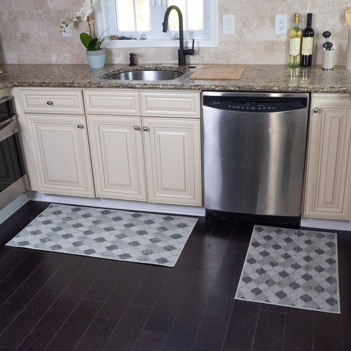Moroccan Design Non Skid Washable Kitchen Runner Rugs Set of 2| 44 x 24 and 31.5 x 20 Inches Floor Mats |Beige&Gray