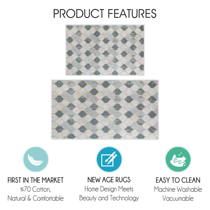 Moroccan Design Non Skid Washable Kitchen Runner Rugs Set of 2| 44 x 24 and 31.5 x 20 Inches Floor Mats |Beige&Gray