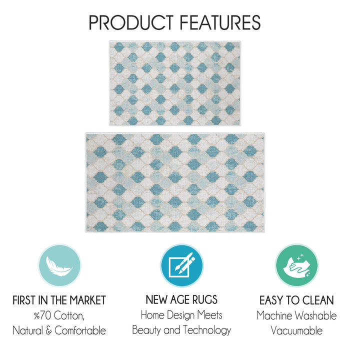 Moroccan Design Non Skid Washable Kitchen Runner Rugs Set of 2| 44 x 24 and 31.5 x 20 Inches Floor Mats |Beige&Blue