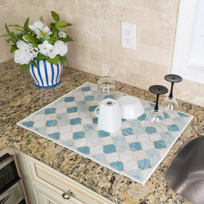 Moroccan Pattern Large Dish Drying Mat for Kitchen Counter |24 x 18 x 0.25 Inches | Beige&Blue