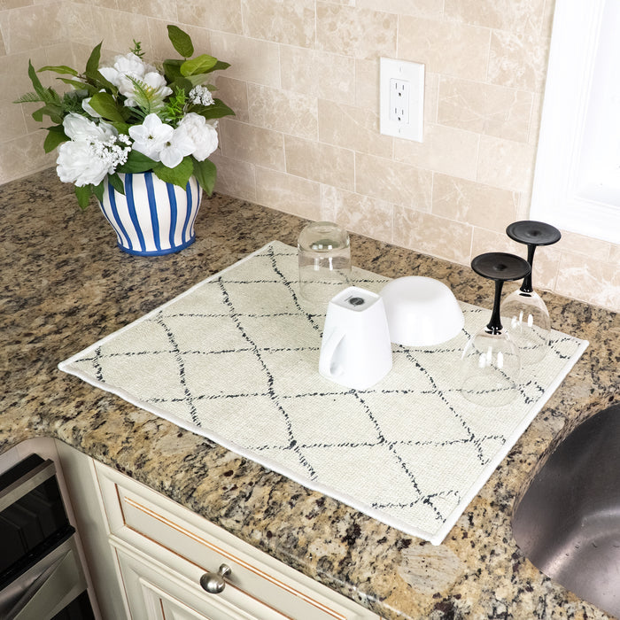 Moroccan Pattern Large Dish Drying Mat for Kitchen Counter |24 x 18 x 0.25 Inches | Ivory