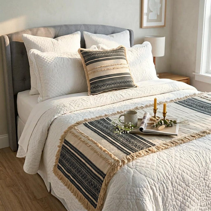 Moroccan Vibe - Linen Beige, Black Decorative Bed Runner and Pillow Cover