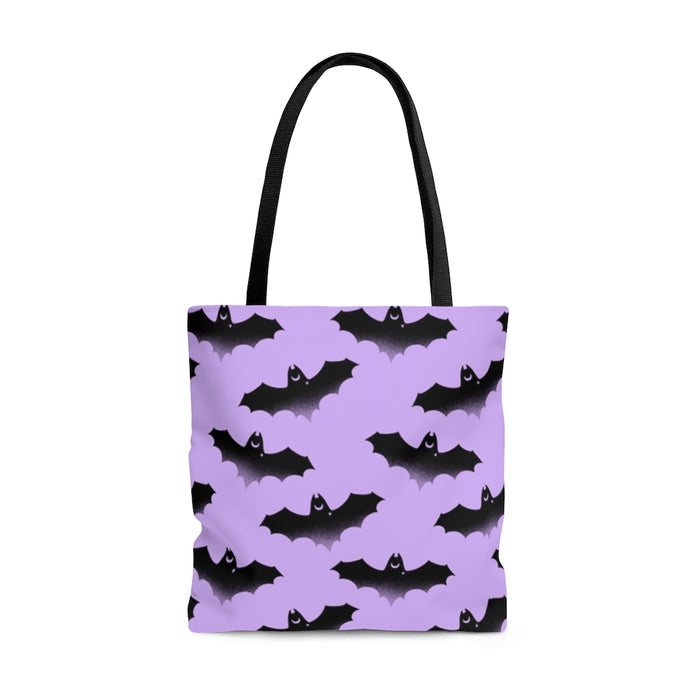 Stylish Morrigan Tote Bag (Black/Purple) features a unique bat design, perfect for any outfit or occasion.