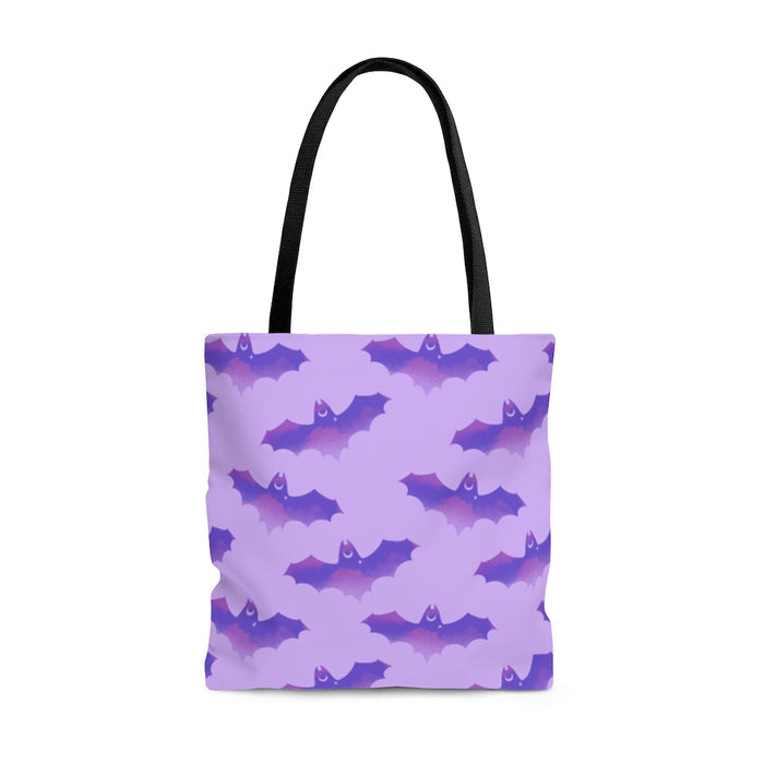 Stylish Morrigan Tote Bag (Purple/Purple) featuring a playful bat design, perfect for gym or night out outfits.