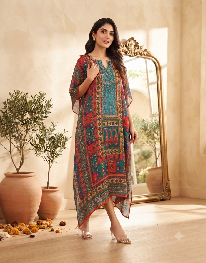 Model wearing a vibrant multi-color patterned kaftan dress in red, turquoise, and green with a matching background and decor.
