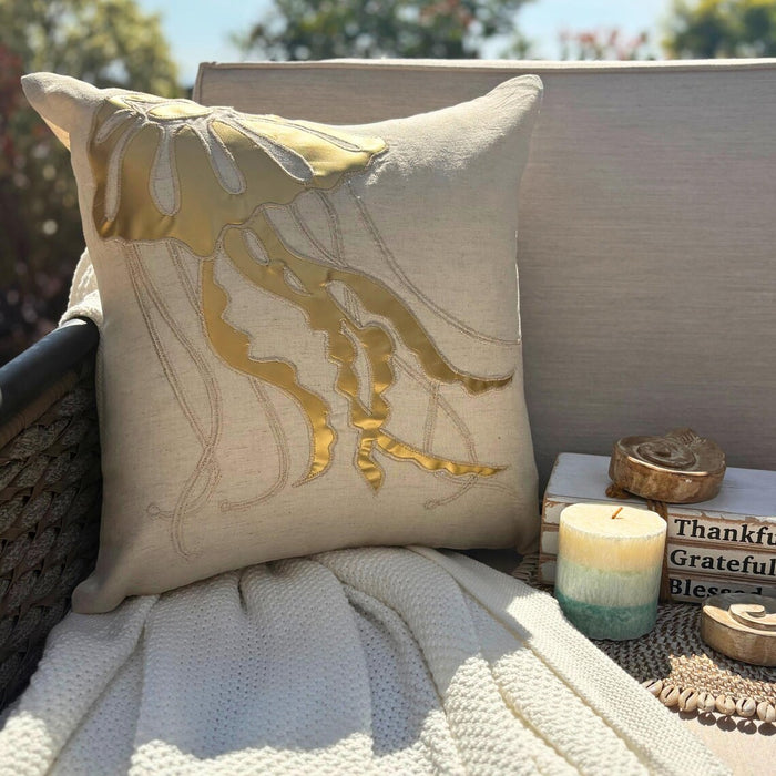 Natural Beige Cotton Linen Throw Pillow Cover - Gold Jellyfish