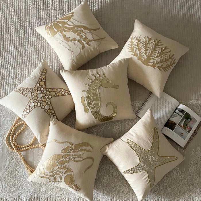 Natural Beige Cotton Linen Throw Pillow Cover - Gold Jellyfish