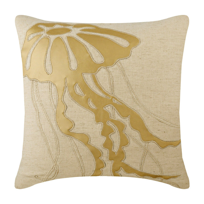 Natural Beige Cotton Linen Throw Pillow Cover - Gold Jellyfish