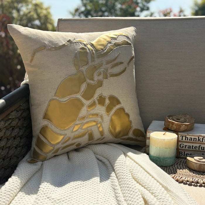 Natural Beige Cotton Linen Throw Pillow Cover - Gold Lobster