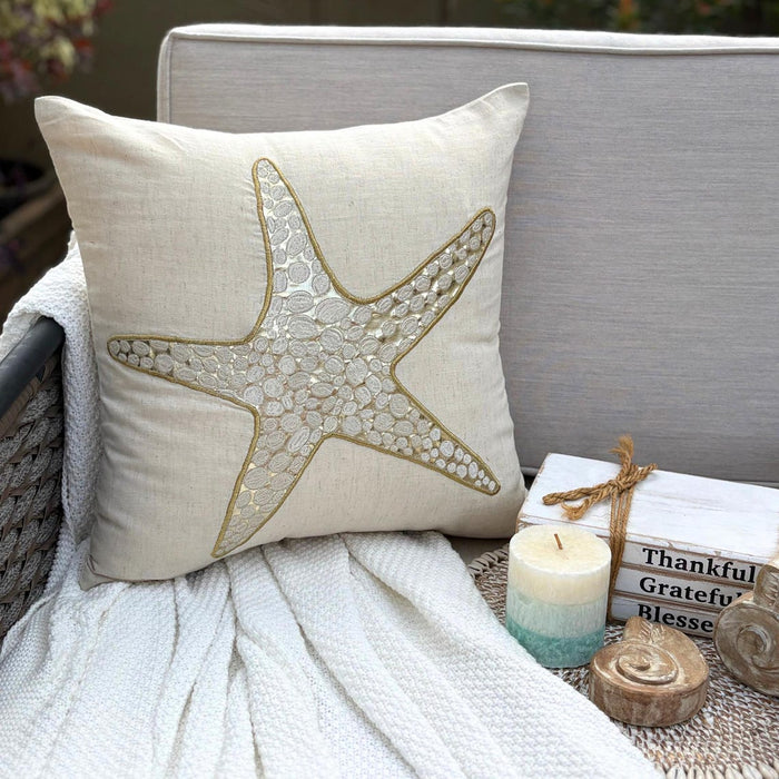 Natural Beige Cotton Linen Throw Pillow Cover - Gold Scaly Starfish
