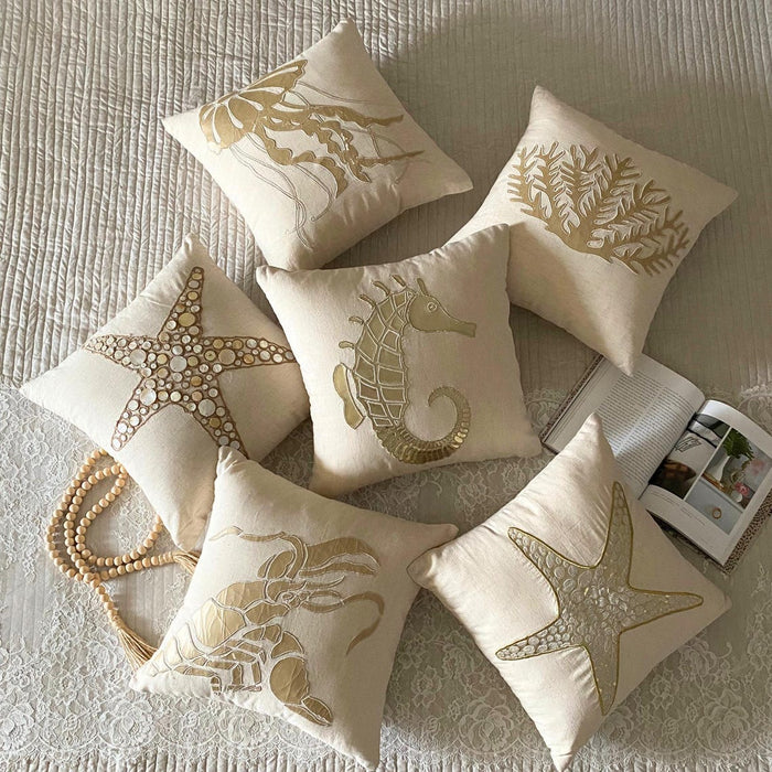 Natural Beige Cotton Linen Throw Pillow Cover - Gold Scaly Starfish