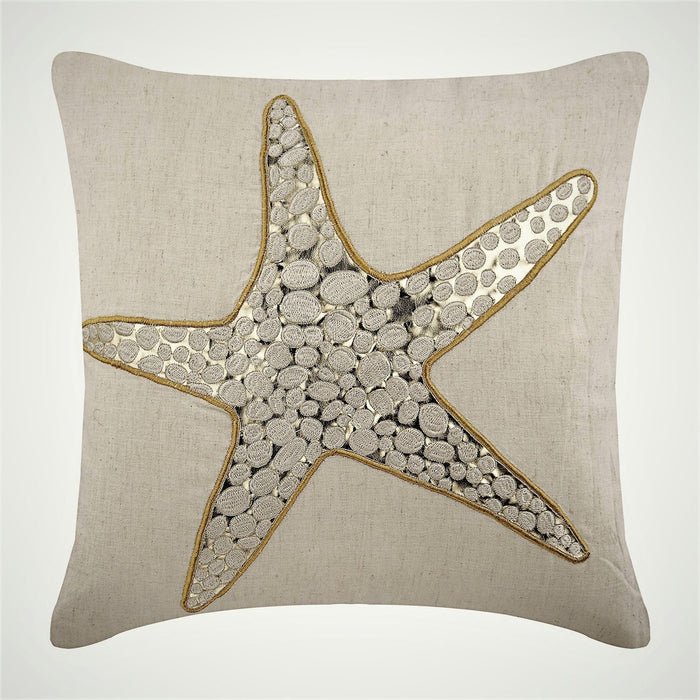Natural Beige Cotton Linen Throw Pillow Cover - Gold Scaly Starfish