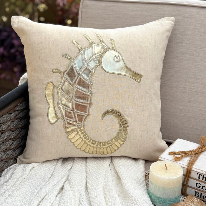 Natural Beige Cotton Linen Throw Pillow Cover - Gold Sea Horse
