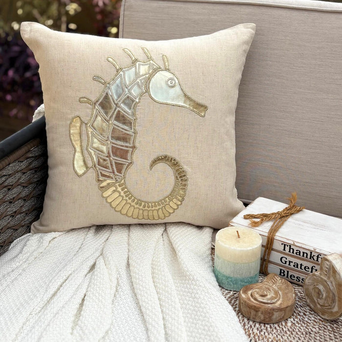 Natural Beige Cotton Linen Throw Pillow Cover - Gold Sea Horse