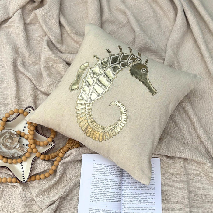 Natural Beige Cotton Linen Throw Pillow Cover - Gold Sea Horse