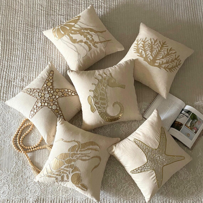 Natural Beige Cotton Linen Throw Pillow Cover - Gold Sea Horse