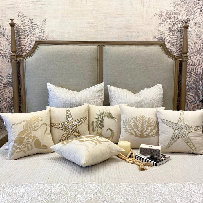 Natural Beige Cotton Linen Throw Pillow Cover - Gold Sea Horse