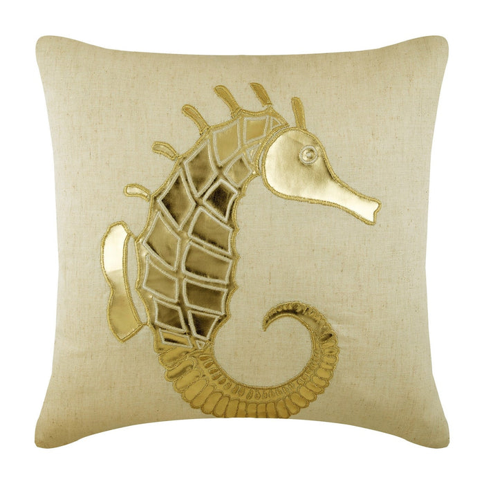 Natural Beige Cotton Linen Throw Pillow Cover - Gold Sea Horse