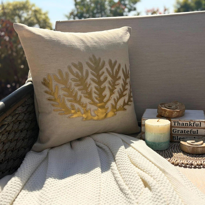 Natural Beige Cotton Linen Throw Pillow Cover - Gold Sea Weeds