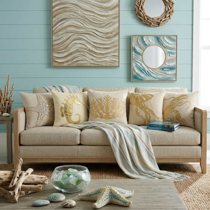 Natural Beige Cotton Linen Throw Pillow Cover - Gold Sea Weeds