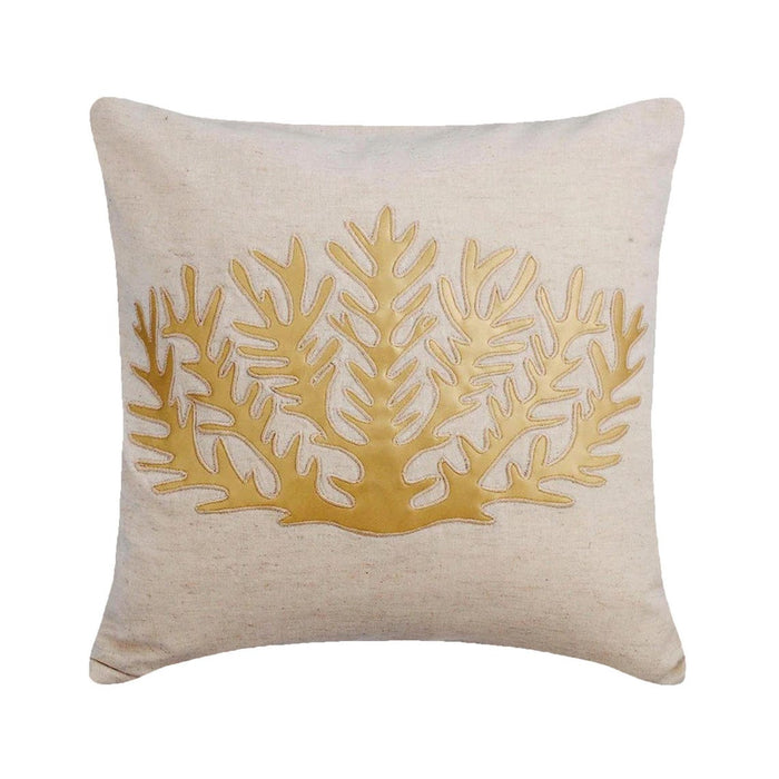 Natural Beige Cotton Linen Throw Pillow Cover - Gold Sea Weeds