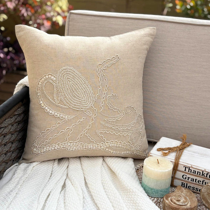 Natural Beige Cotton Linen Throw Pillow Cover - Octopus