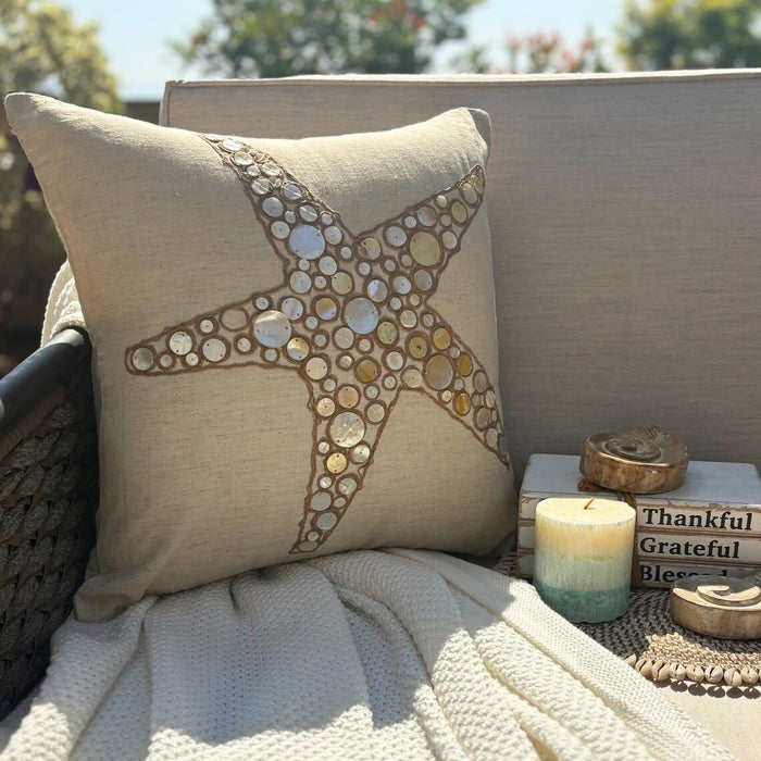 Natural Beige Cotton Linen Throw Pillow Cover - Starfish Coated Pearl