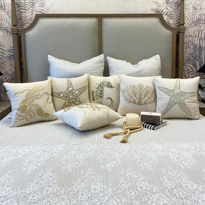 Natural Beige Cotton Linen Throw Pillow Cover - Starfish Coated Pearl