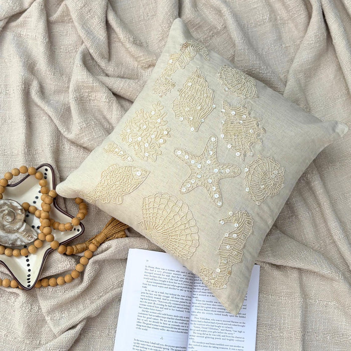 Natural Beige Linen Throw Pillow Cover - Pearly Sea Bed