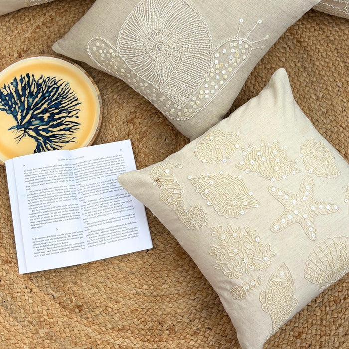 Natural Beige Linen Throw Pillow Cover - Pearly Sea Bed