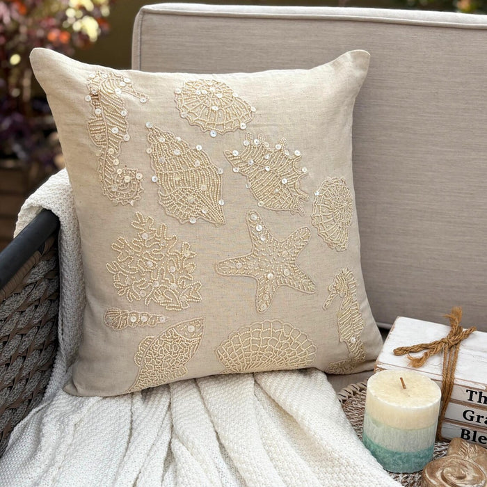 Natural Beige Linen Throw Pillow Cover - Pearly Sea Bed