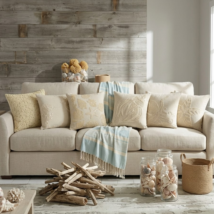 Natural Beige Linen Throw Pillow Cover - Pearly Sea Bed
