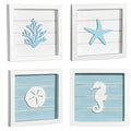 Set of four framed wall art pieces with blue and white sea-themed designs on a white background.