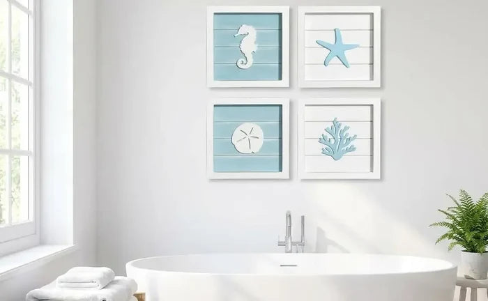 Bathroom with Nautical Wall Plaque Decor above a bathtub