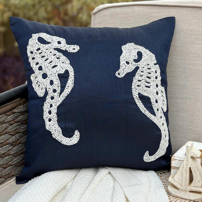 Navy Blue Art Silk Throw Pillow Cover - Navy Blue Sea Horse