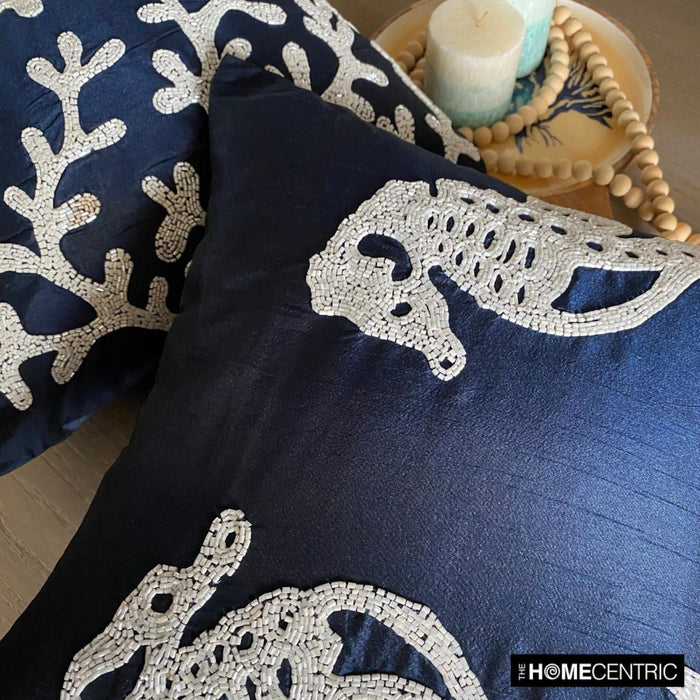 Navy Blue Art Silk Throw Pillow Cover - Navy Blue Sea Horse