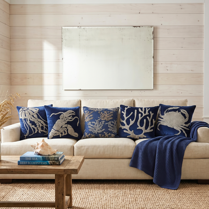 Navy Blue Art Silk Throw Pillow Cover - Navy Blue Sea Horse