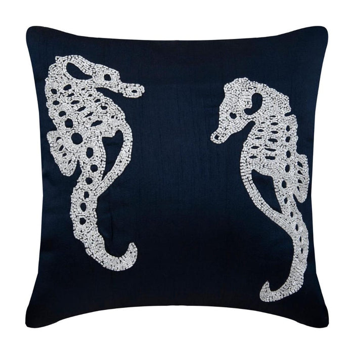 Navy Blue Art Silk Throw Pillow Cover - Navy Blue Sea Horse