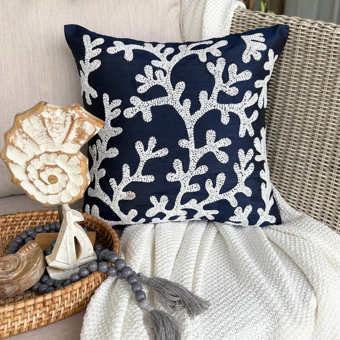 Navy Blue Art Silk Throw Pillow Cover - Navy Corals