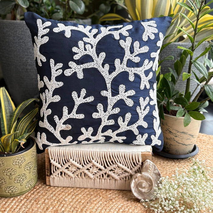 Navy Blue Art Silk Throw Pillow Cover - Navy Corals