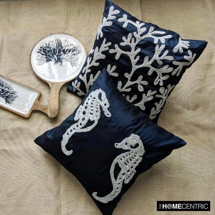 Navy Blue Art Silk Throw Pillow Cover - Navy Corals
